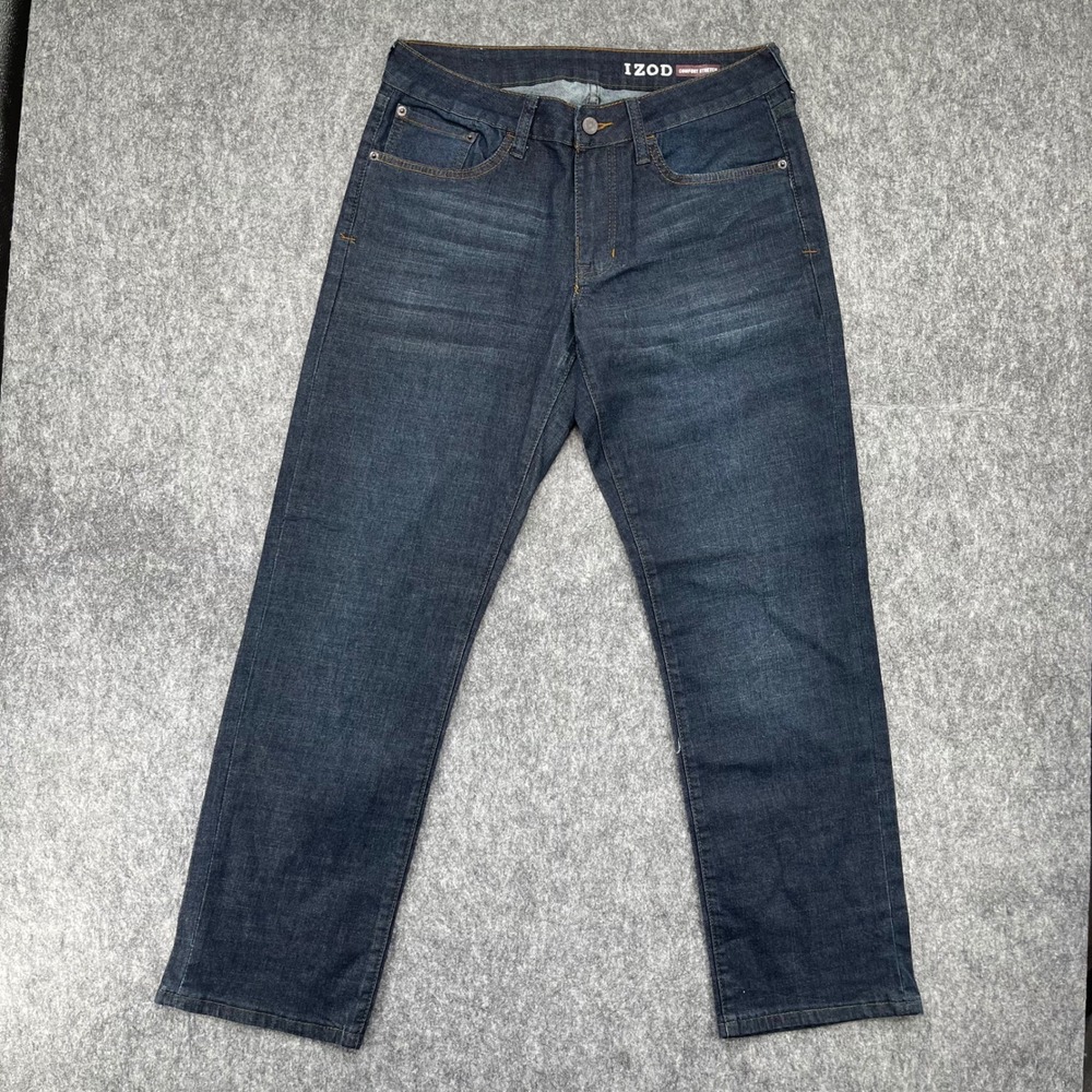 IZOD Jeans Mens 32x30 Comfort Stretch Straight Fit Dark Wash Blue Denim